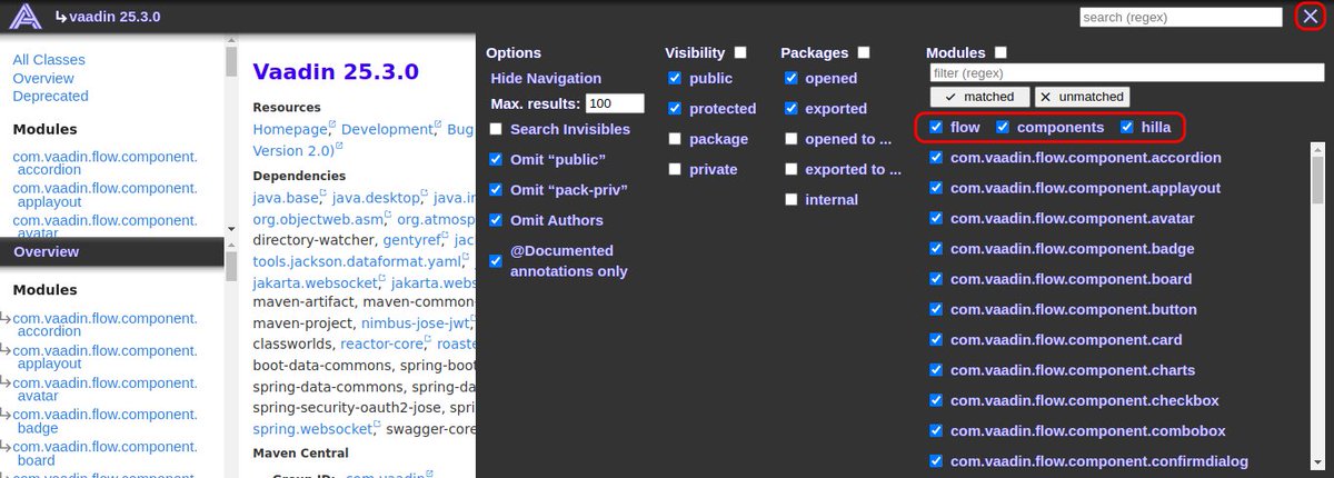 stewori's tweet photo. @apidia_net Recent Vaadin API docs are available at https://t.co/iiUFExxRvb
The screenshot shows how to filter to flow, flow-component or hilla framework. You can also select any custom combination of modules.
#vaadin #java #javadoc #apidia https://t.co/uJIhMRdEMW