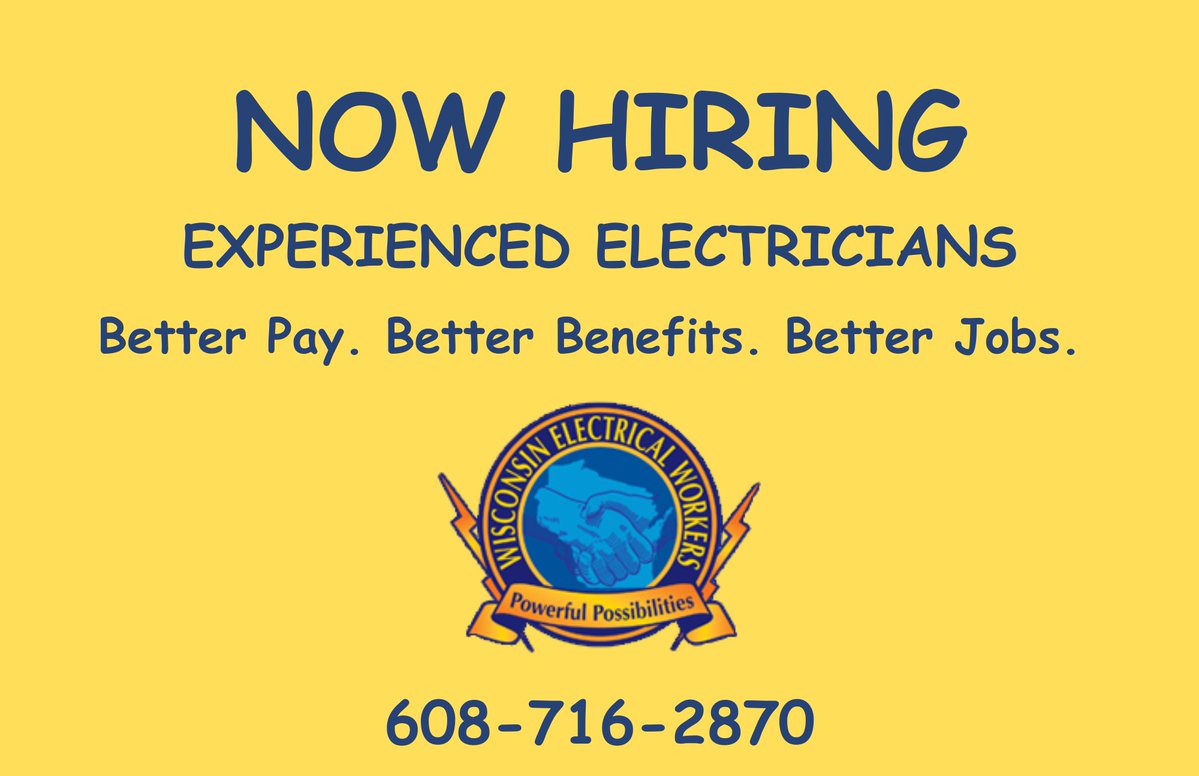 WiElectWorkers's tweet photo. The #WisconsinElectricalWorkers and the #ibew are looking for experienced #electricians for construction projects throughout Wisconsin.
#BetterPayBetterBenefitsBetterJobs.
608-716-2870 https://t.co/jCMtc6cZ8O