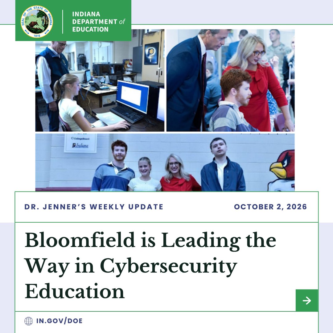EducateIN's tweet photo. 📝Last week, Governor Braun and Dr. Jenner visited Bloomfield to see cybersecurity education at work. In a district of less than 900 students, they are leading the way and giving their students amazing opportunities! Read more in today’s weekly update: https://t.co/s5dANb1kMR https://t.co/Ykb18vepEk