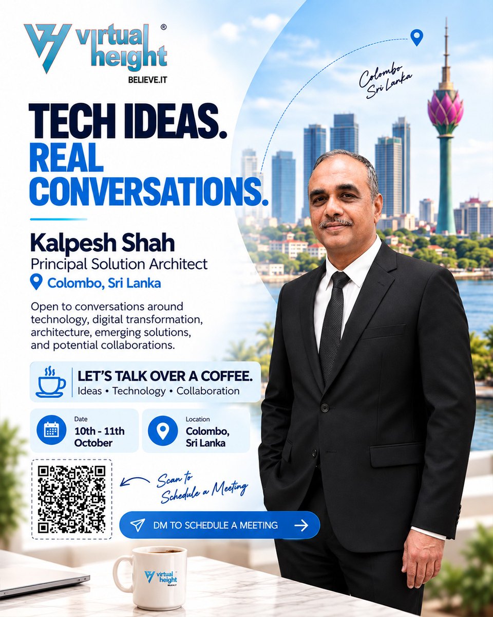 VirtualHeight's tweet photo. In Colombo on 10th–11th October? 

☕ Let’s talk tech over coffee! Kalpesh Shah, Principal Solution Architect at Virtual Height, is open to conversations on digital transformation, emerging tech &amp; collaborations. Scan the QR to connect. 

#Tech #Colombo https://t.co/7OmRM6loBB