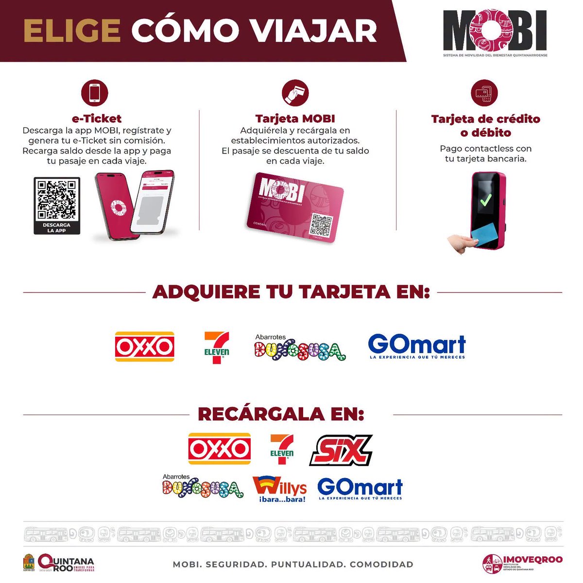 imoveqroo's tweet photo. 📲 Recuerda los métodos de pago:

🔹 MOBI App: genera gratis tu e-ticket y paga directamente con tu celular.

🔹 Tarjeta de Tarifa Social: Si eres estudiante, persona adulta mayor o persona con discapacidad, si aún no la tienes tramítala en nuestros módulos de credencialización. https://t.co/a5uDbPynE5