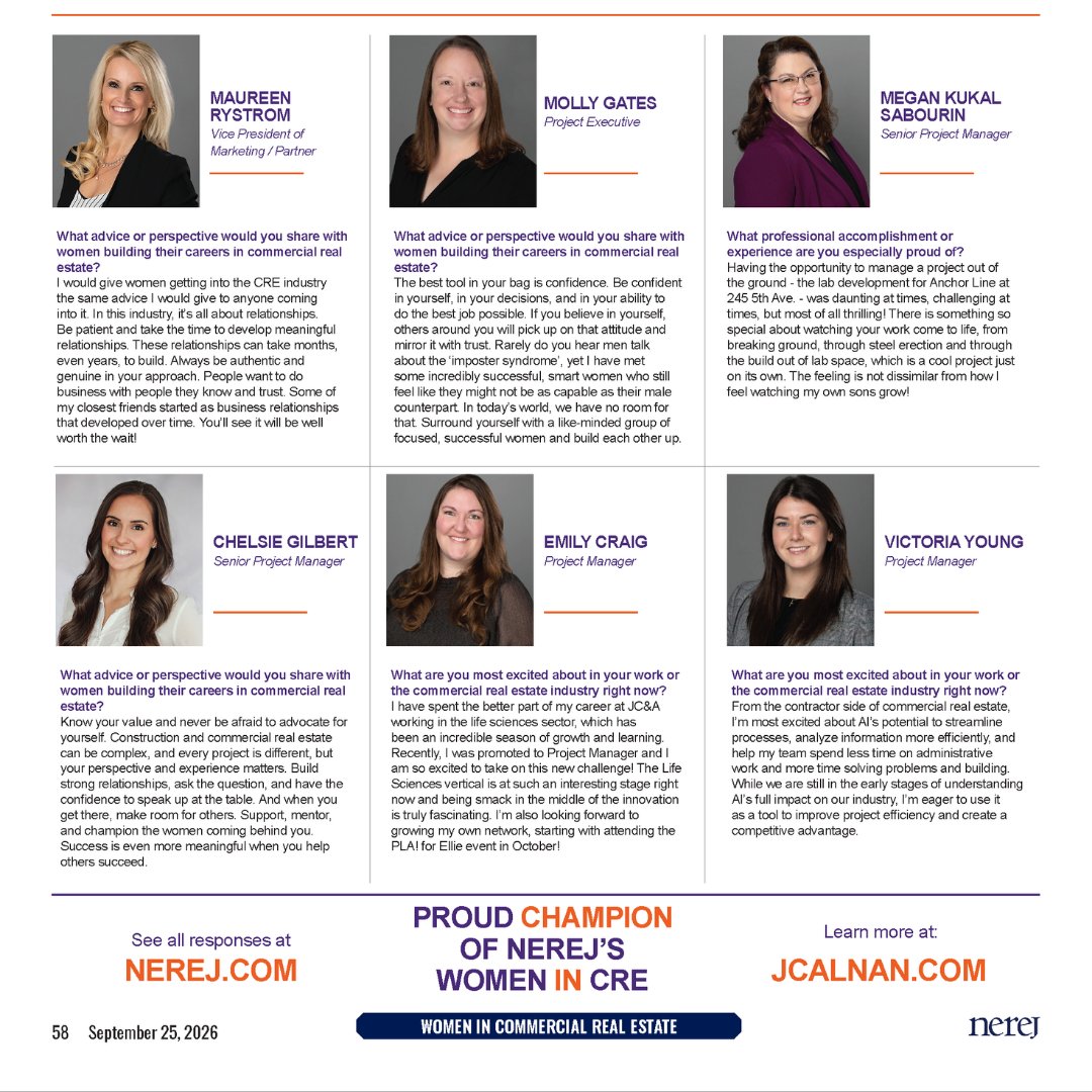 JCAbuilds's tweet photo. At JC&A, every team member is essential. We are thrilled to have the opportunity to tip our hats to the women breaking barriers, sparking innovation, and shaping the future of construction management. Together, we challenge norms, strengthen communities, and lift each other up.

Check out a few of our incredible teammates in the NEREJ’s recent issue featuring Women in CRE: https://t.co/Iq9eivUuRG