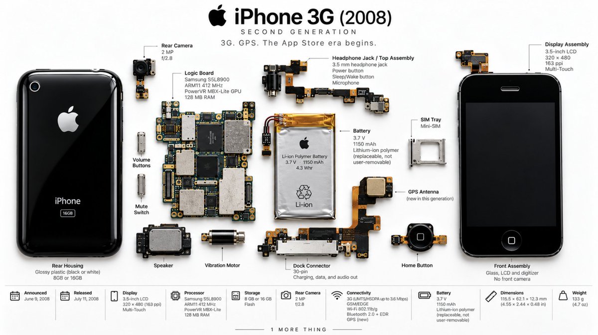 1MoreThingApple's tweet photo. iPhone 3G — 2008.

The iPhone that turned a great idea into an ecosystem.
3G. GPS. And most importantly, the App Store.

The original iPhone changed the phone.
The iPhone 3G changed what a phone could do. https://t.co/qTmp9ihSfx