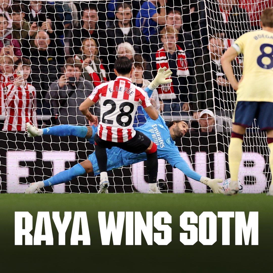 Arsenal's tweet photo. Cat-like reflexes 😮‍💨

David's remarkable penalty stop at Sunderland has won him the Premier League Save of the Month award for September 👏