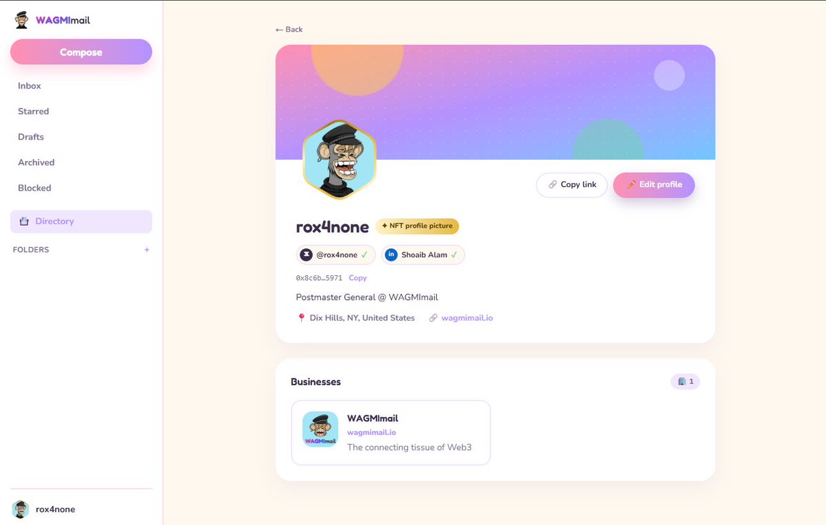 WAGMImail's tweet photo. In celebration of Uptober 🎃🚀

A sneak @ what we’ve built at WAGMImail:

📬 Inbox - msg verified Web3 users via ENS or ETH address
🌐 Community Directory - claim your profile, discover holders, businesses &amp; builders

And this is just the start! 

Get ready to claim your profile. https://t.co/NT9u8n7rYK