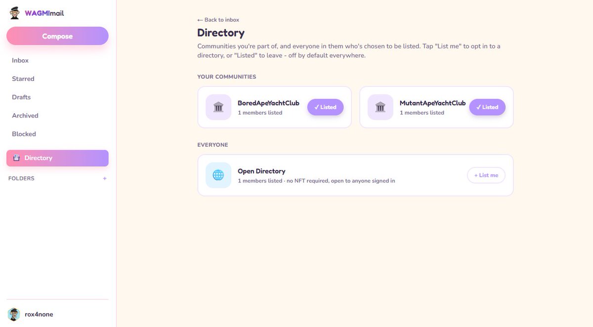 WAGMImail's tweet photo. In celebration of Uptober 🎃🚀

A sneak @ what we’ve built at WAGMImail:

📬 Inbox - msg verified Web3 users via ENS or ETH address
🌐 Community Directory - claim your profile, discover holders, businesses &amp; builders

And this is just the start! 

Get ready to claim your profile. https://t.co/NT9u8n7rYK