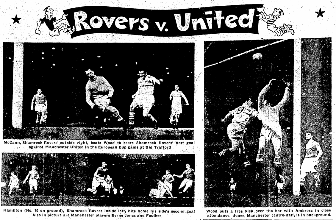 SportsHistory26's tweet photo. #OTD in 1957 at Old Trafford 

@ShamrockRovers travelled to Manchester to play @ManUtd in their European Cup Preliminary-Round Second-Leg at Old Trafford in front of a crowd of 33,754

United had done the damage in the First-leg having won 6-0 in Dublin but on this occasion the Rovers only lost 3-2, with second-half goals from Maxie McCann and Thomas Hamilton

#SportingMemories #United #ShamrockRovers #OTD #EuropeanCup