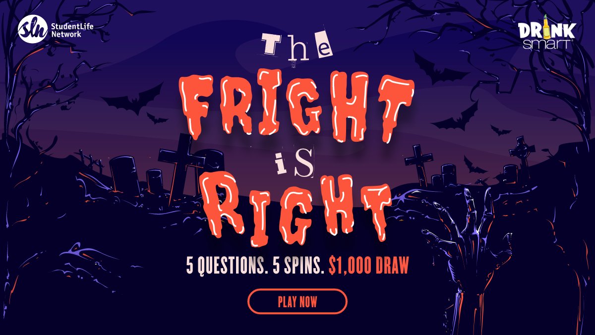 StudentLifeNet's tweet photo. New Halloween drinking game with a killer $1,000 prize! 🎃

Got the guts to spin DrinkSmart’s ‘The Fright Is Right’ quiz wheel for a chance to win $1,000 (ON 18+)? Don’t be afraid to play: https://t.co/BqUSIEDml8 https://t.co/cxv3LnXWbH