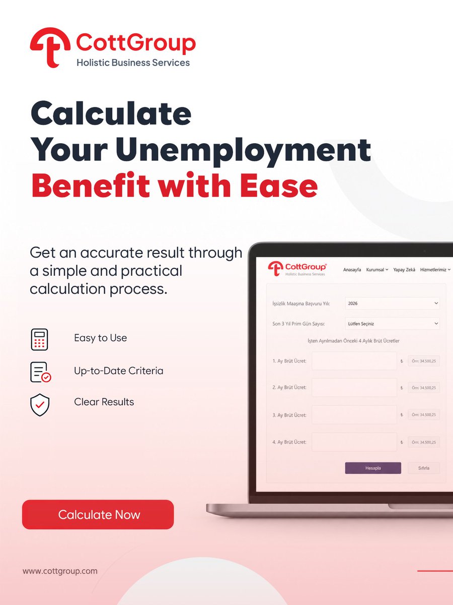 CottGroup's tweet photo. Our Unemployment Benefit Calculator Is Now Live 🚀

Reaching a reliable result in employment-related calculations requires up-to-date data to be assessed accurately and the outcome to be presented in a clear and understandable way.

Developed with this approach, our Unemployment Benefit Calculator enables you to easily calculate your estimated unemployment benefit amount and payment period, while viewing the key details behind the calculation on a single screen.

By combining our experience in payroll and employment practices with digital solutions, we continue to make essential calculations more accessible, efficient, and practical. 💻

In the Tools section of our website, our #GrosstoNet Salary, #NettoGross Salary, and #UnemploymentBenefit calculators are brought together to address a range of employment-related calculation needs.

🔗 Explore the Unemployment Benefit Calculator:
https://t.co/Kv2IdfxhIw

#unemploymentbenefit #employment #payroll #humanresources #hr #CottGroup