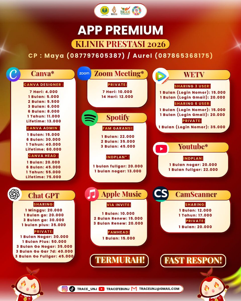 Gregtha2's tweet photo. 📢 BUTUH APP PREMIUM? 👀✨

✨ Sharing &amp; Private
💸 Harga mahasiswa
⚡ Proses cepat
🎯 Banyak pilihan

📩 Chat CP untuk cek paket &amp; ketersediaan!

☎️ Maya: 0877-9760-5387
☎️ Aurel: 0878-6536-8175

#AppPremium #KlinikPrestasi2026 #TRACE2026 https://t.co/cm0RN1ZJtd