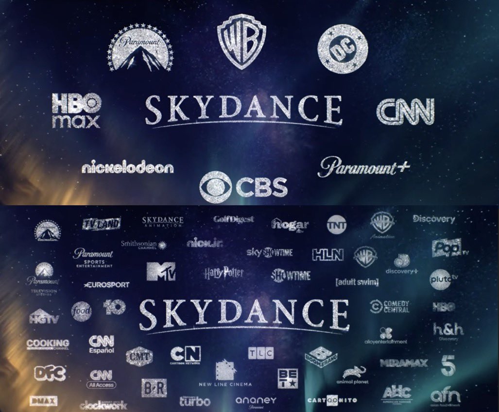 DiscussingFilm's tweet photo. David Ellison has shown an official graphic of everything Skydance will own after acquiring Warner Bros and Paramount.

Assets:

• TNT
• CBS
• CNN
• MTV
• TCM
• Showtime
• Adult Swim
• DC Studios
• Paramount+
• Nickelodeon
• HBO/HBO Max
• Comedy Central
• Cartoon Network

Film Rights:

• Star Trek
• Gremlins
• Beetlejuice
• DC Comics
• Tom & Jerry
• Harry Potter
• Citizen Kane
• Transformers
• A Quiet Place
• Looney Tunes
• The Conjuring
• Mortal Kombat
• Game of Thrones
• Dora The Explorer
• Mission Impossible
• The Lord of the Rings
• SpongeBob SquarePants
• Avatar: The Last Airbender
• Teenage Mutant Ninja Turtles
• Dune 3 (distribution rights)
• Minecraft (distribution rights)
• MonsterVerse (distribution rights)