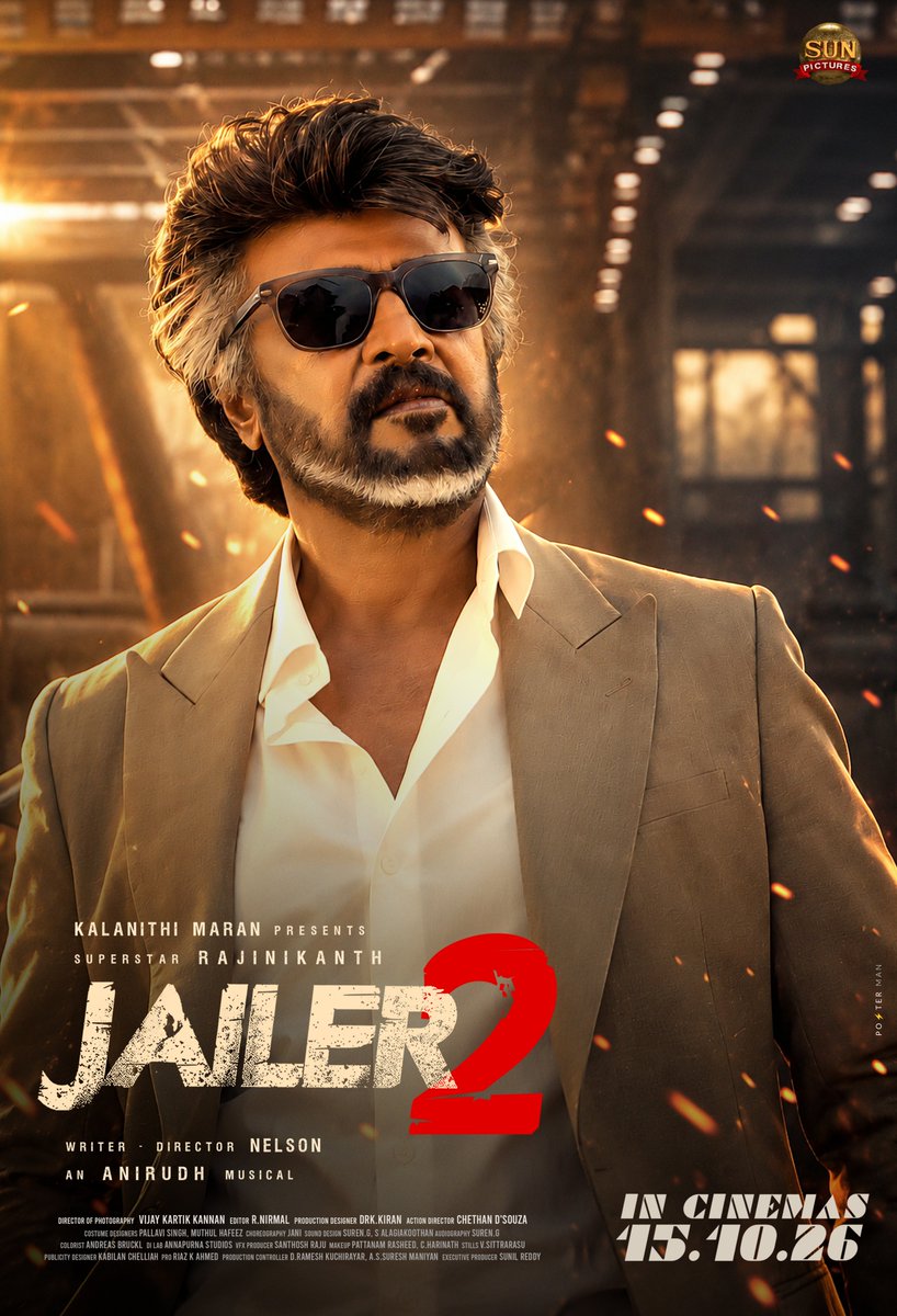 PostermanOffl's tweet photo. Muthuvel The Beast Returns. The Game Begins 🔥!

#Jailer2 is coming to take over screens worldwide from Oct 15th. 

#Rajinikanth #Nelson #Anirudh
 #Jailer2FromOct15 https://t.co/JasaUwehD8