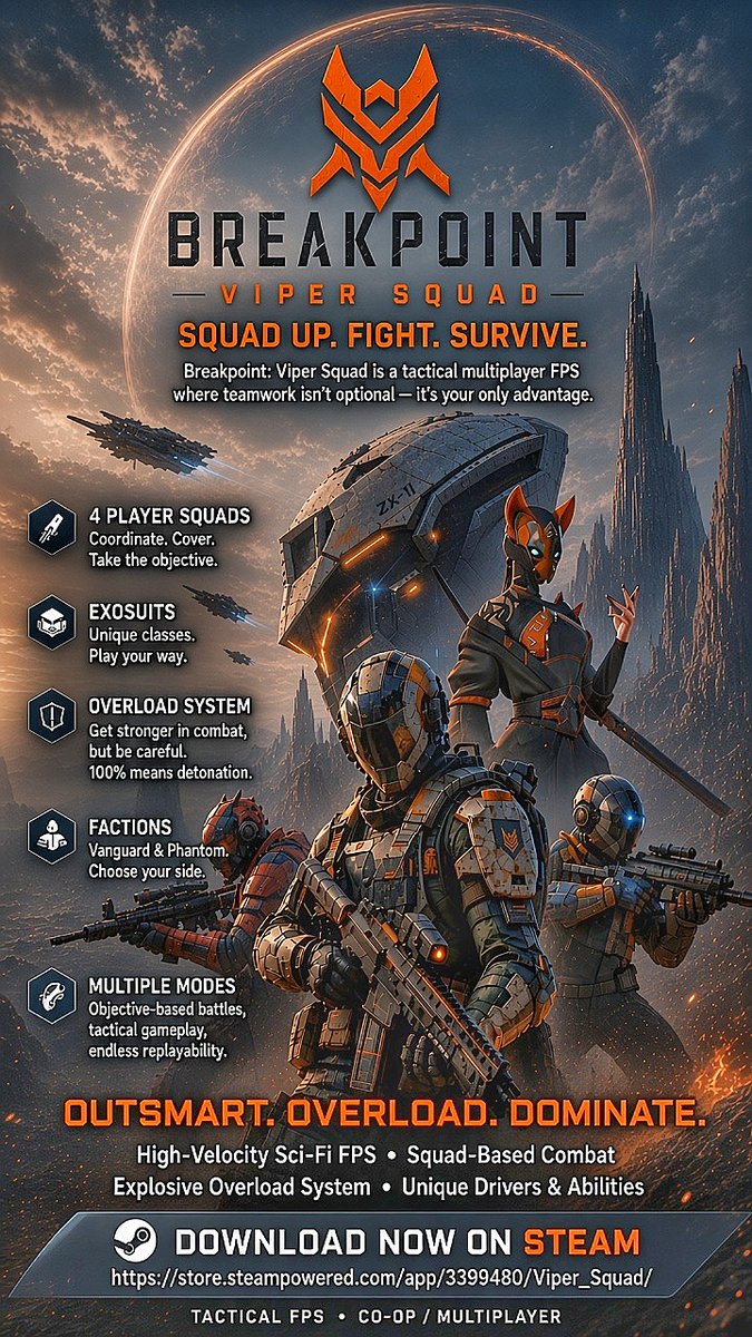 ViperSquadGame_'s tweet photo. I’ve been working on squads, invites, matchmaking, lobbies and a bunch of fixes to make multiplayer smoother.
Follow the game, share this with your squad, and stay tuned for the update date and full details.
#ViperSquad #IndieGame #IndieDev #FPS #SciFiFPS #SteamGame #PCGaming https://t.co/9Q9zA4Cczb