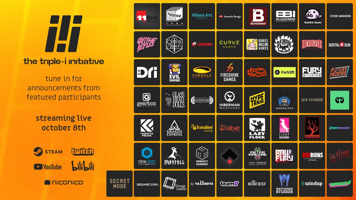 iii_initiative's tweet photo. All these game studios have something big to show you on October 8th, just 6 days away!

So go click the 'notify me' bell on our YouTube Premiere to get a reminder on the day - https://t.co/XMkZirG1GY

Or if you prefer Twitch, our channel is here - https://t.co/TkoWu68mlj https://t.co/kMdfzC74qZ