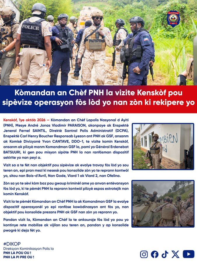 lequotidien509's tweet photo. Le directeur général de la PNH, André Jonas Vladimir Paraison, s’est rendu à Kenscoff afin d’évaluer et de superviser les opérations menées dans les zones récemment reprises par les forces de l’ordre.#lequotidien509 #Haiti #PNH #Kenscoff #Sécurité #ForcesDeLOrdre https://t.co/RYhXwFW8bJ