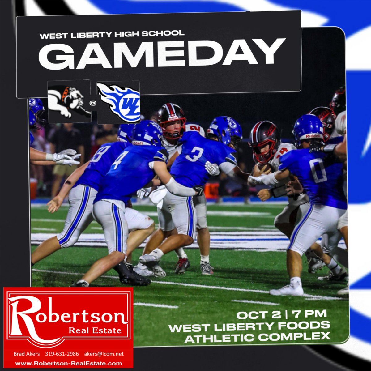 WestLibertyCSD's tweet photo. Big district game tonight for the Comets! Get to the complex, 7:00 kick as the Comets host Mediapolis.
Thank you Robertson Real Estate and Brad Akers for all of your support!
@du97_j
@WestLibertyFB
@WestLibAthletic
@LoriaAdam
@Krugershaun
#ChooseSchoolSports https://t.co/oATiN0e4Ve