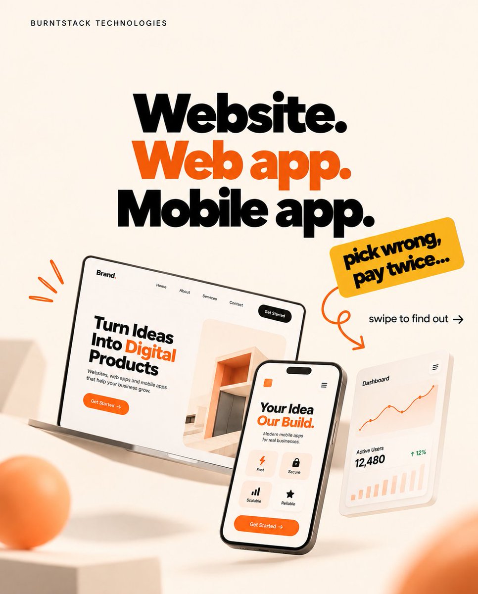 BurntStackoff's tweet photo. Website, web app or mobile app? 🤔 They're not the same thing, and picking the wrong one means paying twice.

🌐 Website → tells people who you are
⚙️ Web app → does work for your customers
📱 Mobile app → lives on their home screen

#WebDevelopment #AppDevelopment #SaaS https://t.co/pbOybaOqDN
