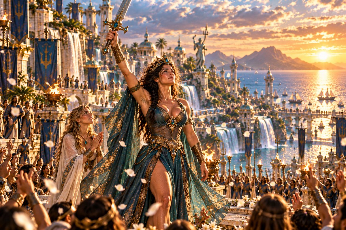 EnderVonF's tweet photo. #aiwoman #aifantasy 2/3
There, something dormant for generations awakens in Sage’s presence. An ancient crown chooses her. The sword answers her. Atlantis itself recognizes its true Queen. She returns to the surface transformed, and her people celebrate. https://t.co/MxRZOTukVk