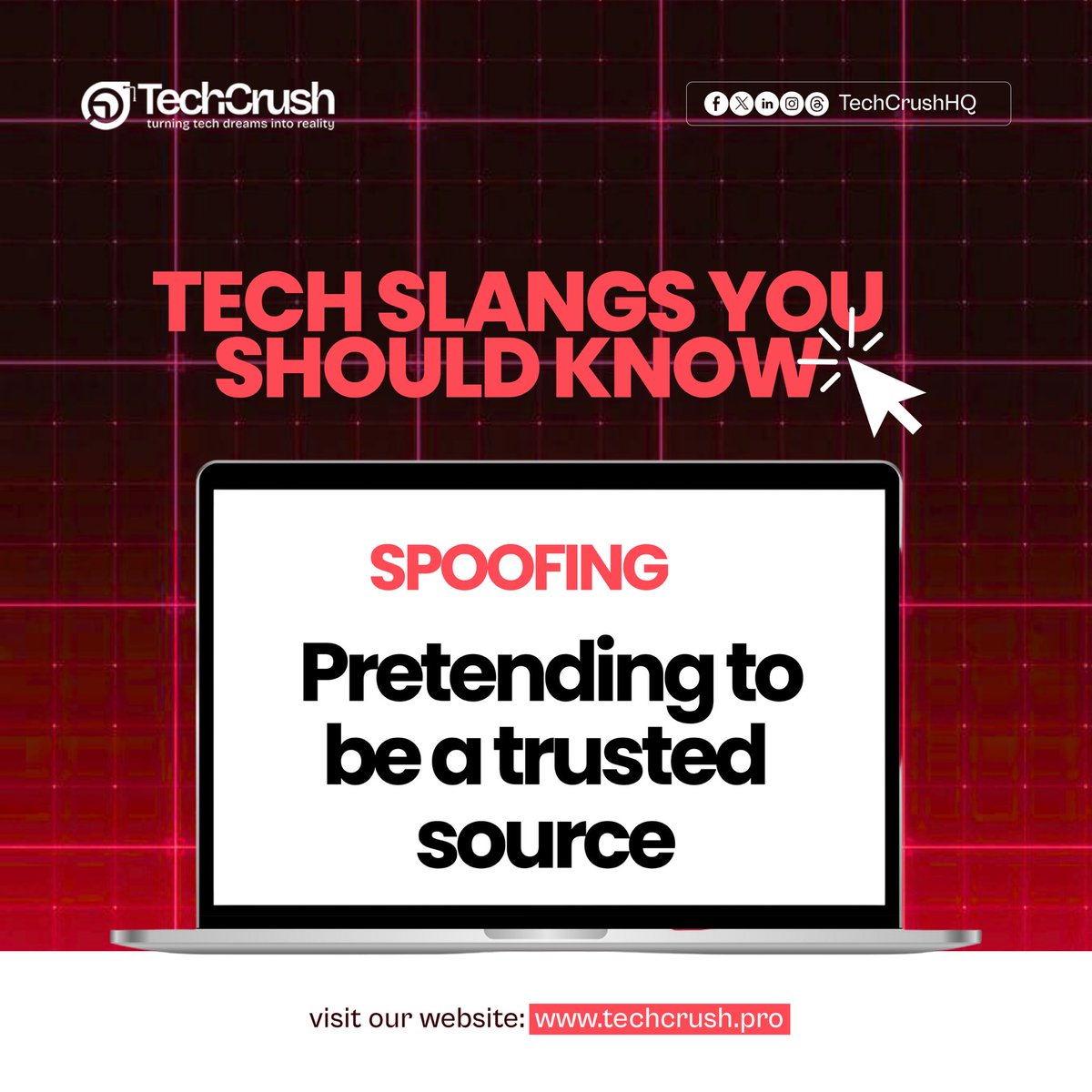 TechCrushHQ's tweet photo. Ever received a message that looked like it came from your bank, a friend, or a company you trust, only to find out it wasn’t actually them?

Spoofing is when someone disguises their identity or information to make you think they’re a trusted person, website, email address, or device.

The scary part? It can look very convincing.

So before you click that link, reply to that message, or share sensitive information, take a second to verify who’s actually on the other side. 
#techcrush