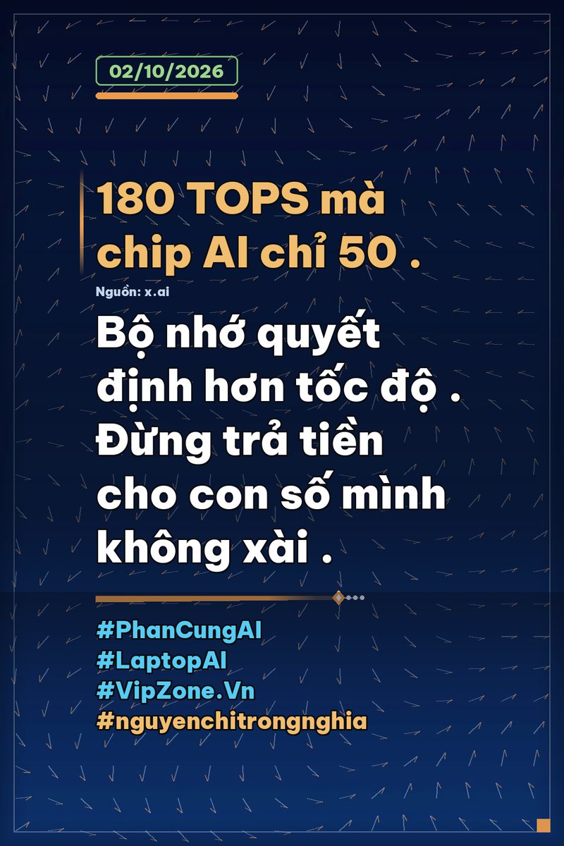 hoatanhoano's tweet photo. Một con số đẹp trên tờ rơi có thể khiến bạn trả thêm tiền cho thứ mình không bao giờ dùng tới .
   ❗ Máy tính xách tay đang được quảng cáo “180 TOPS” cho AI, trong khi phần cứng AI thật trong máy chỉ đạt khoảng 50 TOPS .
   🚀 Phần chênh không nằm ở chip AI, mà được cộng từ các bộ phận khác — vốn không phải lúc nào cũng dùng được cho đúng việc bạn cần .
   ✅ Với người mua, hệ quả rất cụ thể: máy chạy mô hình nhỏ thì mượt, nhưng mô hình lớn hơn một chút là quay về dùng đám mây, tức là pin và tiền điện vẫn mất như thường .
   💡 Cách đọc thông số an toàn: hỏi ba câu — chip AI nào, bộ nhớ bao nhiêu, và mô hình nào chạy được hoàn toàn trong máy .
   🔍 Trong AI, bộ nhớ thường quyết định hơn tốc độ. Thiếu bộ nhớ thì con số TOPS chỉ để trang trí .
   ⚙️ Việc nên làm: bỏ 10 phút kiểm bộ nhớ và mô hình chạy được trước khi xuống tiền, thay vì so con số trên tờ rơi .
   📌 "Thông số dùng để bán máy khác thông số dùng để làm việc. Đừng trả tiền cho con số mình không xài."
#PhanCungAI #LaptopAI #ChonMua #VipZone #nguyenchitrongnghia