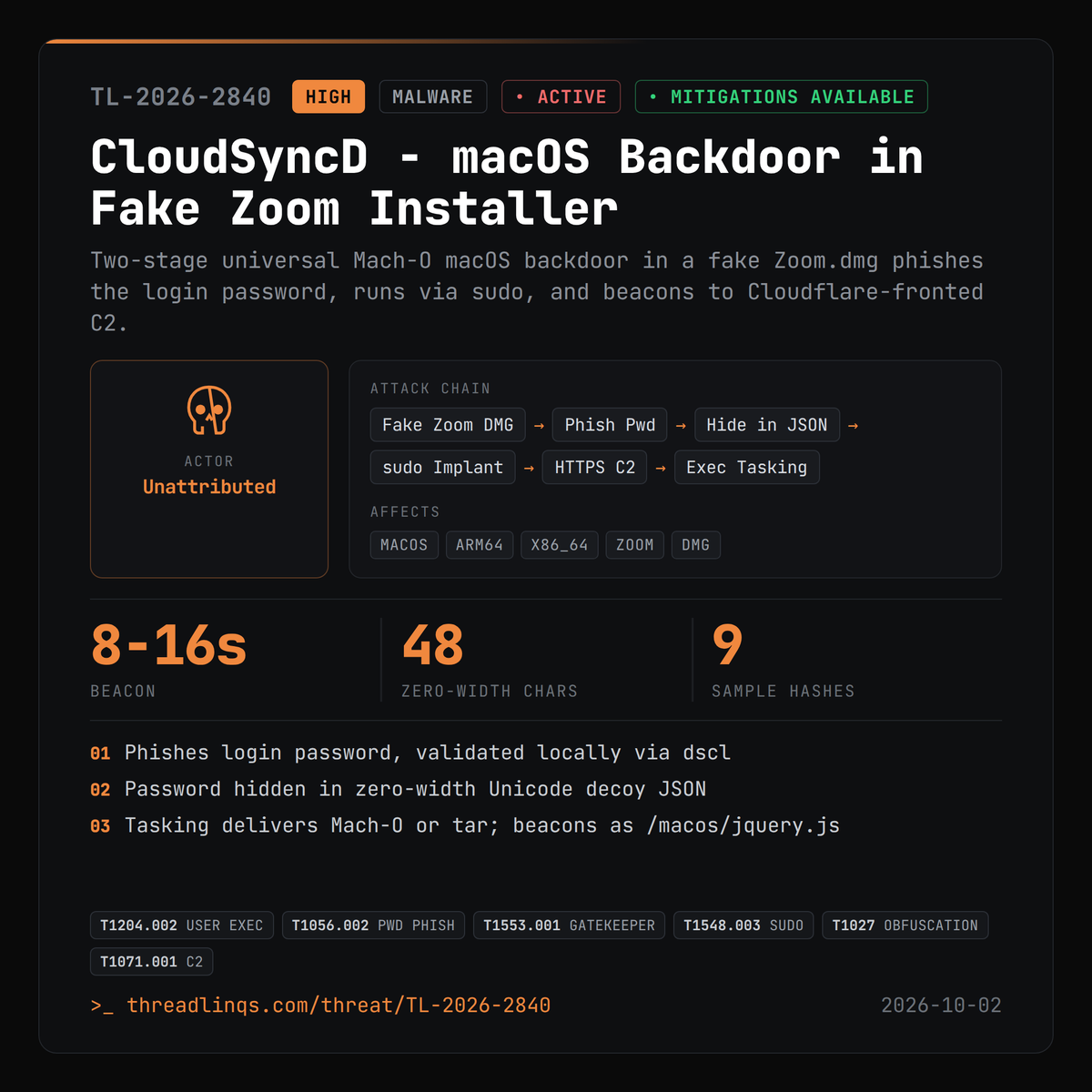 threadlinqs's tweet photo. Fake Zoom installer phishes your Mac password, hides it in zero-width Unicode, then sudo-drops a backdoor. https://t.co/RB8uWOAs6X #ThreatIntel #CloudSyncD #FakeZoom #MacOSBackdoor https://t.co/cajD16MNZs