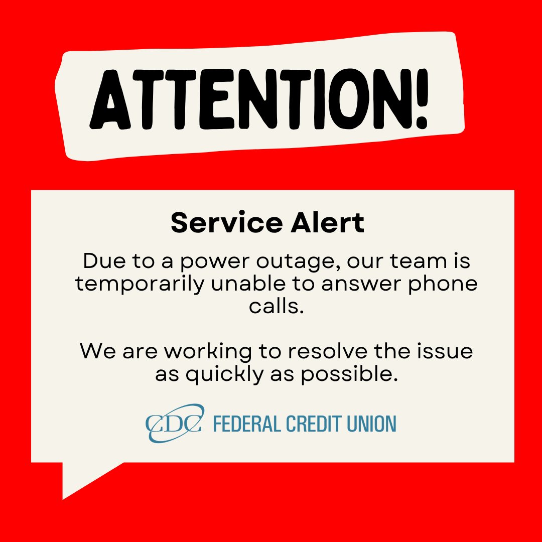 cdcfcu's tweet photo. ⚠️ Due to a power outage, our team is temporarily unable to answer phone calls.

We are working to resolve the issue as quickly as possible. In the meantime, Digital Banking remains available for your immediate banking needs. Thank you for your patience and understanding. https://t.co/YwXhs6X72L