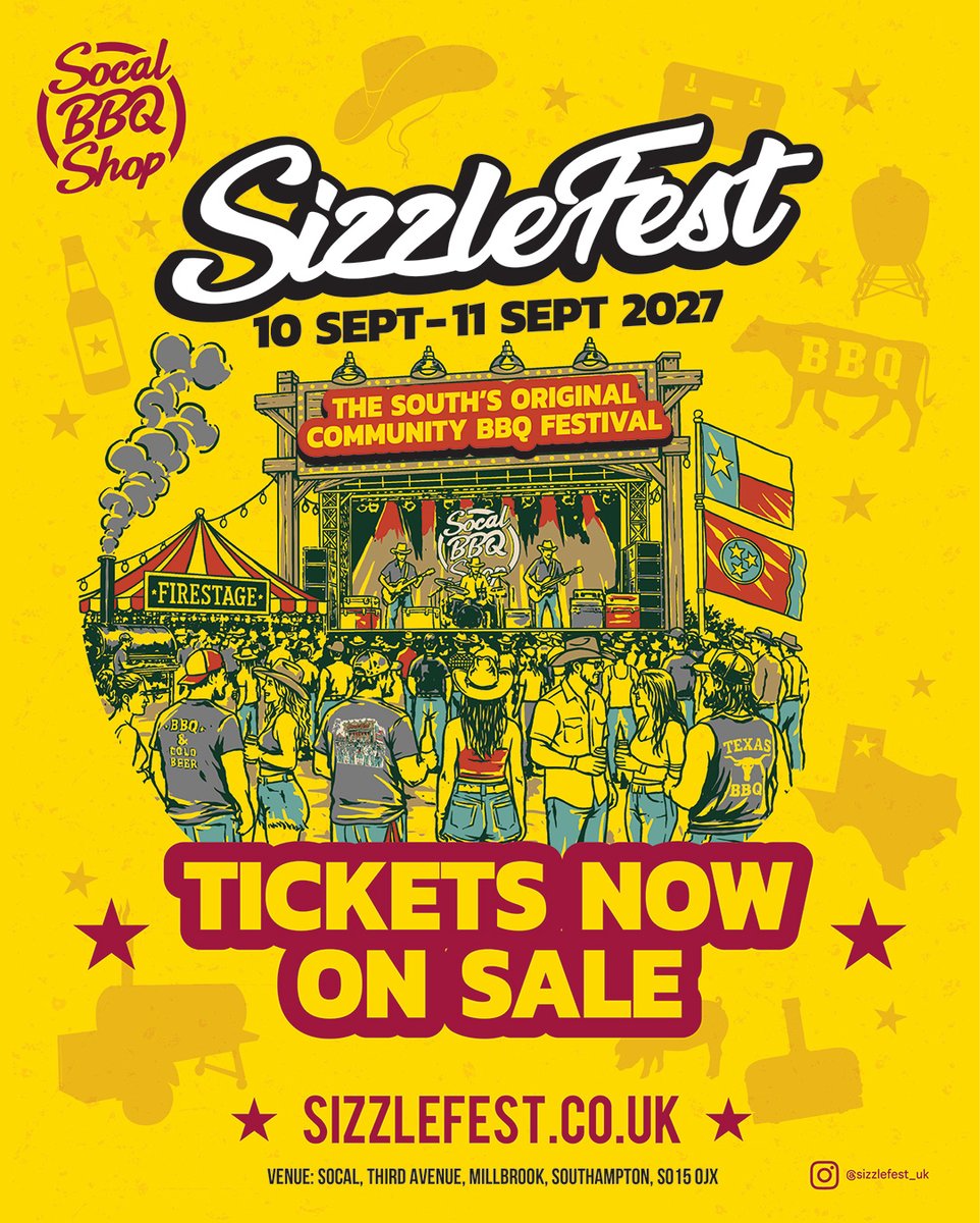 Socalbbqshop's tweet photo. Tickets for Sizzlefest 2027 are on sale now.
The Souths Original Community BBQ Festival 10 Sept-11 Sept 2027.

Lets go:
https://t.co/7ji2NYHU0U 

#socalbbqshop #outdoorliving #bbq #food #fire #bbqfood #cookingclass #livecooking #ukbbqcommunity #Sizzlefest_uk #livemusic https://t.co/gd7Vi9ZoND