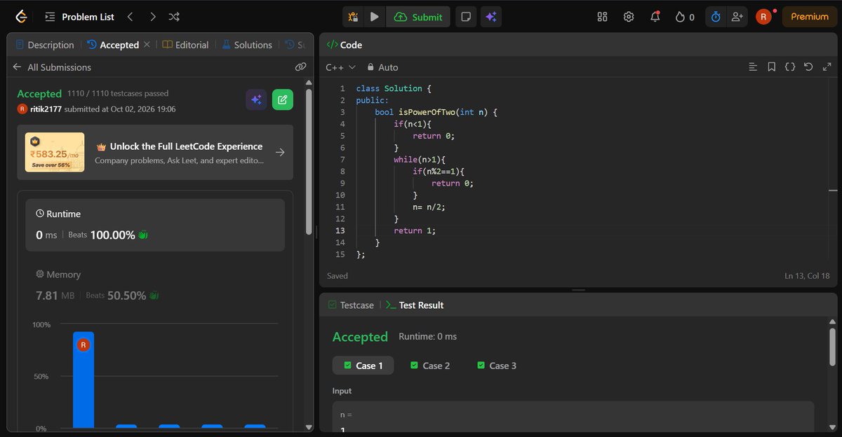 RitikKumar40926's tweet photo. Accepted ✅ 1110/1110 test cases passed! 🚀
Another problem solved, another step forward. 💻🔥 #LeetCode #DSA #Coding #Cpp #100DaysOfCode https://t.co/LKaPBfW8sa