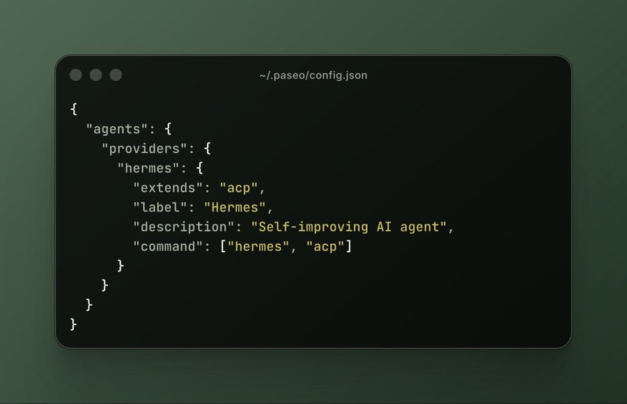 paseodotsh's tweet photo. pase hermes  you can now add any agent harness that supports acp (which is most of them) https://t.co/hJeOqmD1ZT