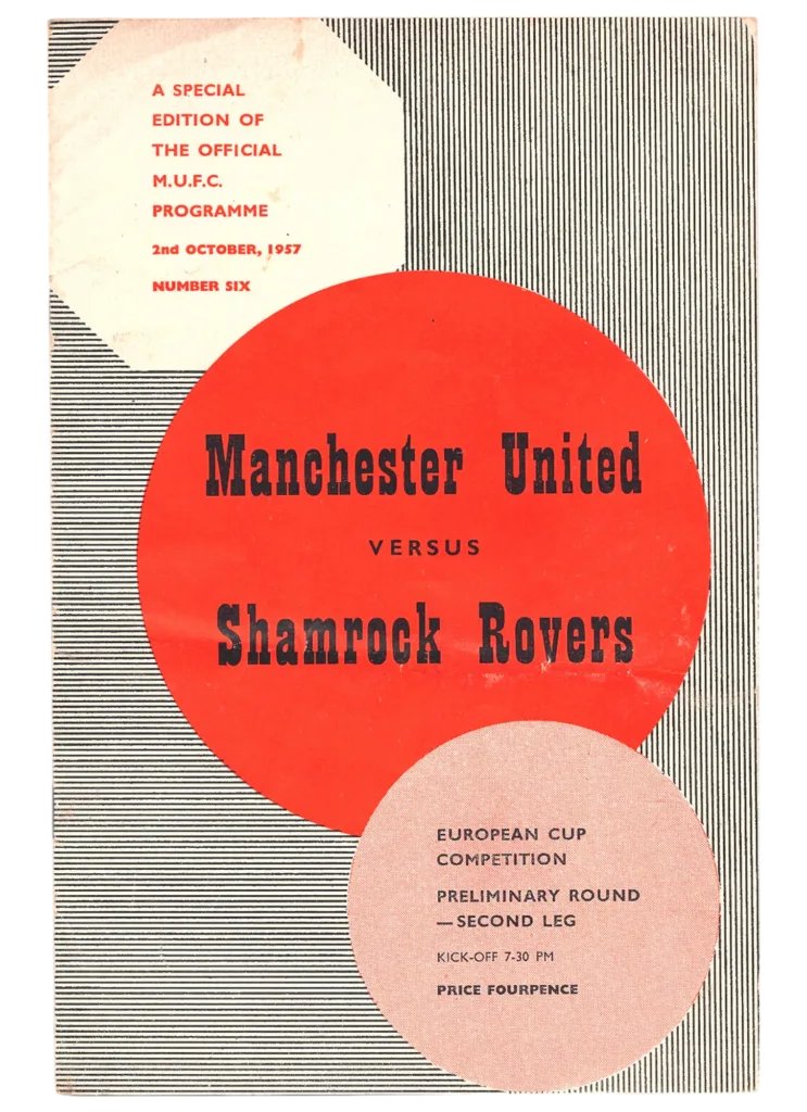 SportsHistory26's tweet photo. #OTD in 1957 at Old Trafford 

@ShamrockRovers travelled to Manchester to play @ManUtd in their European Cup Preliminary-Round Second-Leg at Old Trafford in front of a crowd of 33,754

United had done the damage in the First-leg having won 6-0 in Dublin but on this occasion the Rovers only lost 3-2, with second-half goals from Maxie McCann and Thomas Hamilton

#SportingMemories #United #ShamrockRovers #OTD #EuropeanCup