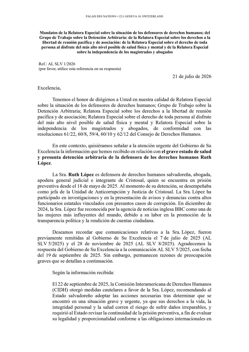 Cristosal's tweet photo. 🚨 La comunidad internacional continúa atenta a la situación de nuestra compañera Ruth López. Se hizo pública la carta que cinco mecanismos de Procedimientos Especiales de la ONU enviaron al Gobierno de El Salvador, en la que expresan su profunda preocupación por el grave estado de salud de Ruth y por su detención.

Desde mayo de 2025, Ruth permanece injustamente encarcelada, sin que su familia ni su equipo legal reciban información oficial sobre su salud, diagnóstico y tratamiento. Los expertos de la ONU exigen al Estado explicaciones y le recuerdan las medidas cautelares que la CIDH otorgó a su favor.

Lee la carta 👇