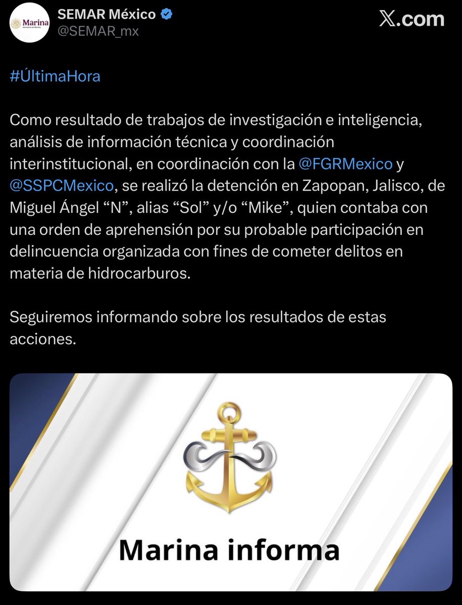 Juan_OrtizMX's tweet photo. 🗳️📌 CAE EL “CAPITÁN SOL”, EL HOMBRE QUE VINCULA A ANDY EN EL HUACHICOL FISCAL

La Marina y la FGR detuvieron en Zapopan, Jalisco, a Miguel Ángel Solano Ruiz, alias “Capitán Sol”. 

Es señalado como uno de los principales operadores de la red de huachicol fiscal en las aduanas. 

Ojo con este detalle.

Dos marinos declararon ante la propia FGR que Solano uso referencias a Andy López Beltrán en operaciones de la red.

En uno de los testimonios, tras el aseguramiento del Challenge Procyon, Solano habló de un conflicto con “el hijo del Presidente”.

En otro, ante las dificultades para mover el buque Torm Agnes, habría dicho que hablarían con el secretario de Marina porque “era un tema de Andy”. 

Y ahora ya está detenido.

La FGR de Ernestina Godoy sustuvo que esas referencias no tenían fuerza suficiente para abrir una indagatoria contra López Beltrán. 

Ahora tiene frente a sí al hombre que hizo esas menciones.

¿Le van a preguntar qué significaba “tema de Andy” y por qué usaba el nombre del hijo de López Obrador para destrabar operaciones?