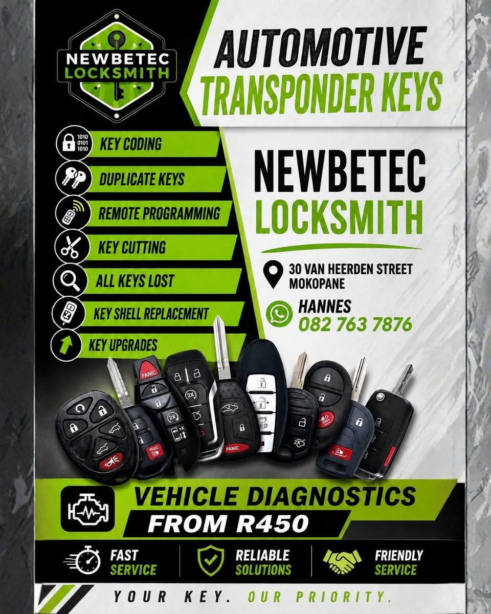 Pages_Potties's tweet photo. 🔑 Got key troubles? Newbetec Locksmith in Mokopane has you covered! From transponder keys to vehicle diagnostics starting at R450, they’ve got real solutions! 🚗💡 Call 082 763 7876 for expert locksmith service. #CarCare #SecureWithUs #Mokopane https://t.co/BXMh4MAoBe