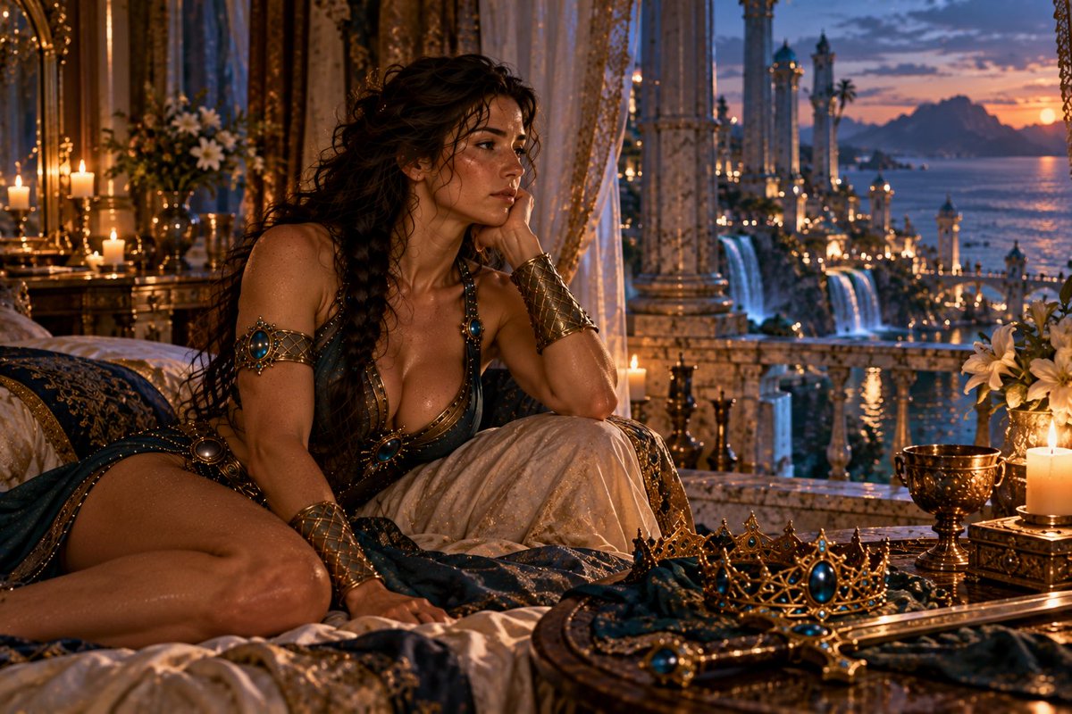 EnderVonF's tweet photo. #aiwoman #aifantasy 3/3
But the story ends quietly. After a private ritual with her priestess, Sage returns alone to her quarters, removes the crown and reflects on its weight. https://t.co/u5Q6HFvSJd