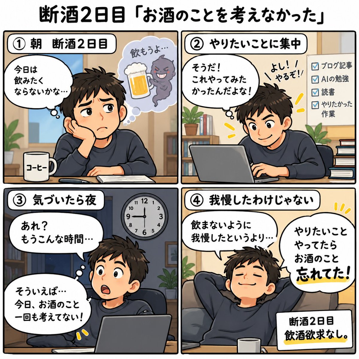 chihiro_geko's tweet photo. 断酒2日目終了。
今日はやりたいことがあったのでお酒のこと考えずに過ごせました。

それでも1日が終わり音は寝るだけの時間帯になると頭痛が出てきた。
なかなかうまくはいかないね。

#Twitter断酒部 https://t.co/CfxS6MHDQd