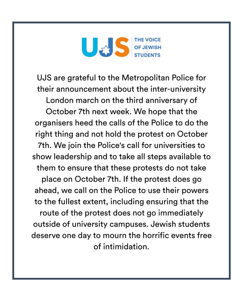 UJS_UK's tweet photo. Our comment on the Metropolitan Police’s announcement about the inter-university London march on the anniversary of October 7th https://t.co/bTVR3r60S1