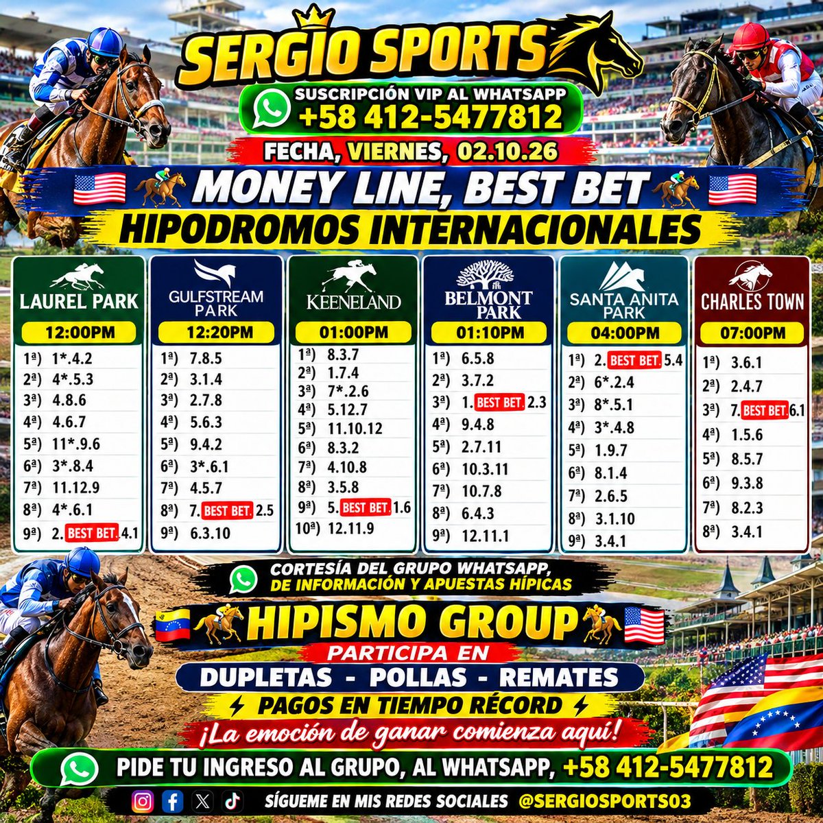 SERGIOSPORTS03's tweet photo. "SERGIO SPORTS"

MONEY LINE,  BEST BET,  HIPODROMOS INTERNACIONALES,  VIERNES,  02.10.26 

#picks
#americanas
#moneyline https://t.co/zStj1ySFLK