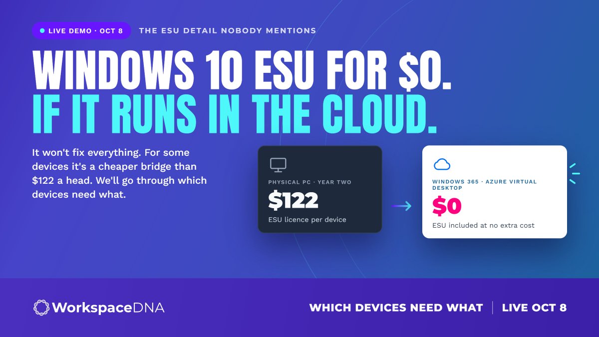 WorkspaceDNA's tweet photo. Windows 10 on Windows 365 gets ESU at no extra cost.

Worth knowing before you sign that PO.

→ https://t.co/MH9QpWBMA3 https://t.co/st0PtF0trn