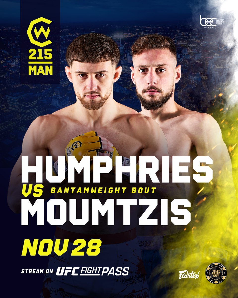 CageWarriors's tweet photo. A Bantamweight BARNBURNER Official for #CW215 Manchester ๐ฅ๐ฑ
Top undefeated contenders Jack Humphries and Alexandros Moumtzis collide on November 28th!
๐บ Watch exclusively on @UFCFightPass
๐๏ธ Tickets On Sale NOW! Link in Bio! https://t.co/sMpo8oIPDh