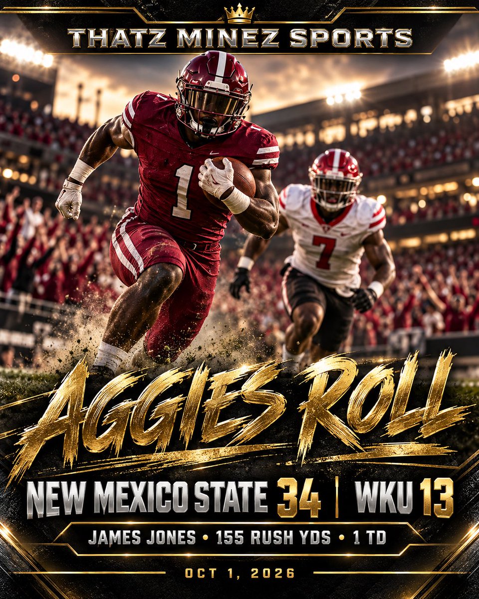 ThatzMinez's tweet photo. James Jones ran for 155 yards and a touchdown as New Mexico State beat WKU 34–13. 🏈 Give the Aggies their credit! #ThatzMinezSports #CollegeFootball #Aggies https://t.co/tR8G0QWPWO