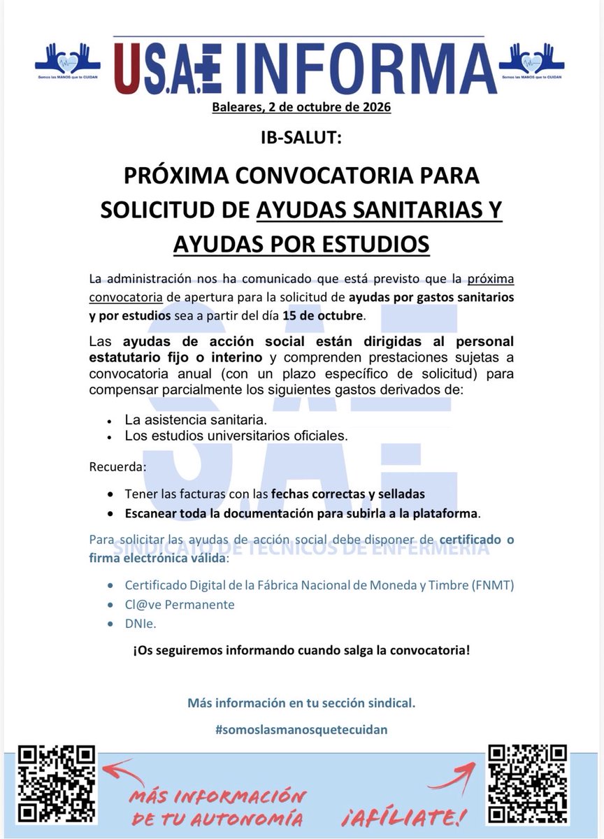 SaeBaleares's tweet photo. ￼
Baleares, 2 de octubre de 2026

IB-SALUT:
PRÓXIMA CONVOCATORIA PARA SOLICITUD DE AYUDAS SANITARIAS Y
AYUDAS POR ESTUDIOS

¡Os seguiremos informando cuando salga la convocatoria!

Más información en tu sección sindical.

#somoslasmanosquetecuidan https://t.co/AxNzgwQVUI
