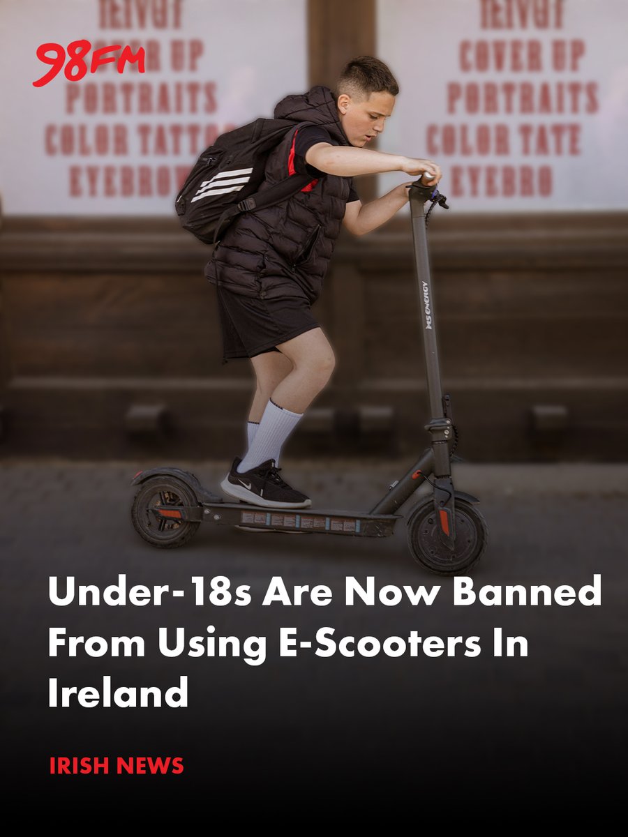 98FM's tweet photo. 🛴🚨The new age restriction has officially come into effect today — meaning you must now be 18 or over to ride an e-scooter. 🇮🇪

It comes just weeks after helmets and high-vis clothing became mandatory for all riders.

#98fm #dublin #ireland #escooterrules https://t.co/0k35umg6Kl