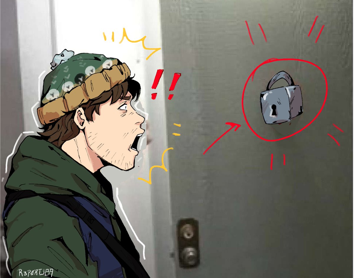 R3P0RTJ89's tweet photo. Hombre adulto se espanta con un candado 

(No voy a soltar el chiste de bryan con el candado, sigue siendo gracioso) 

#ResidentEvil https://t.co/mCr51ACNwz