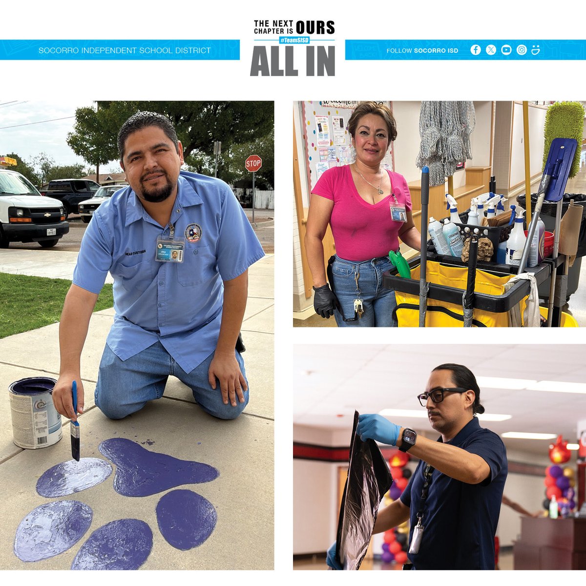 SocorroISD's tweet photo. Today, we celebrate some of the hardest-working people in #TeamSISD — our incredible custodial teams! 💙

From classrooms and hallways to gyms, common areas and administrative offices, you work every day to keep our district clean, safe and welcoming.

Your dedication often happens behind the scenes, but your impact is felt throughout our district every day.

Thank you for your hard work, pride and commitment to #TeamSISD. We appreciate you today and every day!