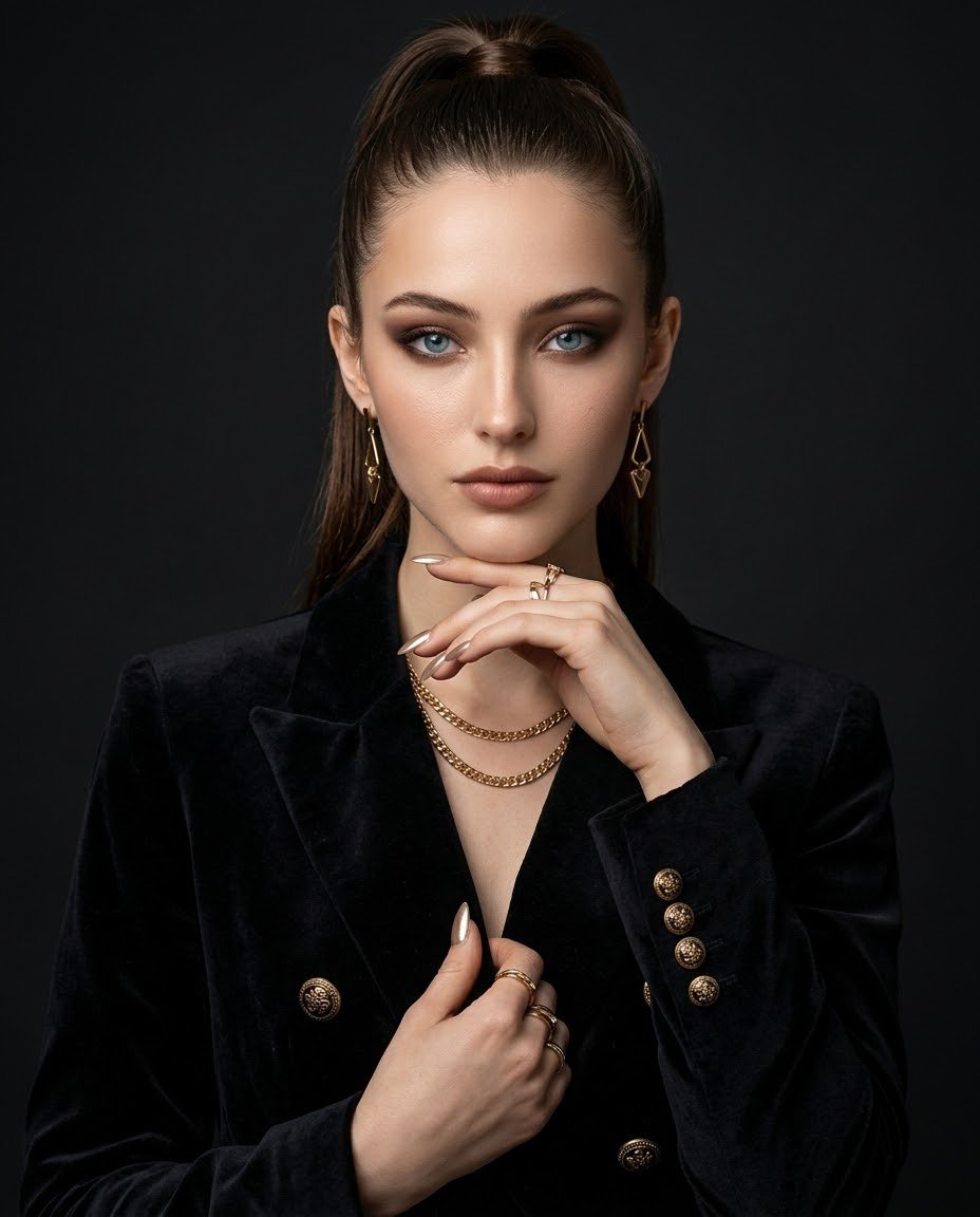 AynahhX's tweet photo. Nano Banana pro 

Prompt:> Ultra-photorealistic luxury fashion portrait of an elegant woman wearing a structured black velvet blazer with gold buttons and a black top. Sleek high ponytail, soft smoky eye makeup, nude lips, geometric gold earrings, layered gold necklace, rings, and metallic gold nails. One hand rests gracefully under her chin while the other holds the blazer lapel. Dark charcoal studio background, dramatic soft lighting, realistic skin texture, sharp facial details, cinematic shadows, premium fashion magazine aesthetic, 85mm lens, shallow depth of field, vertical 4:5.