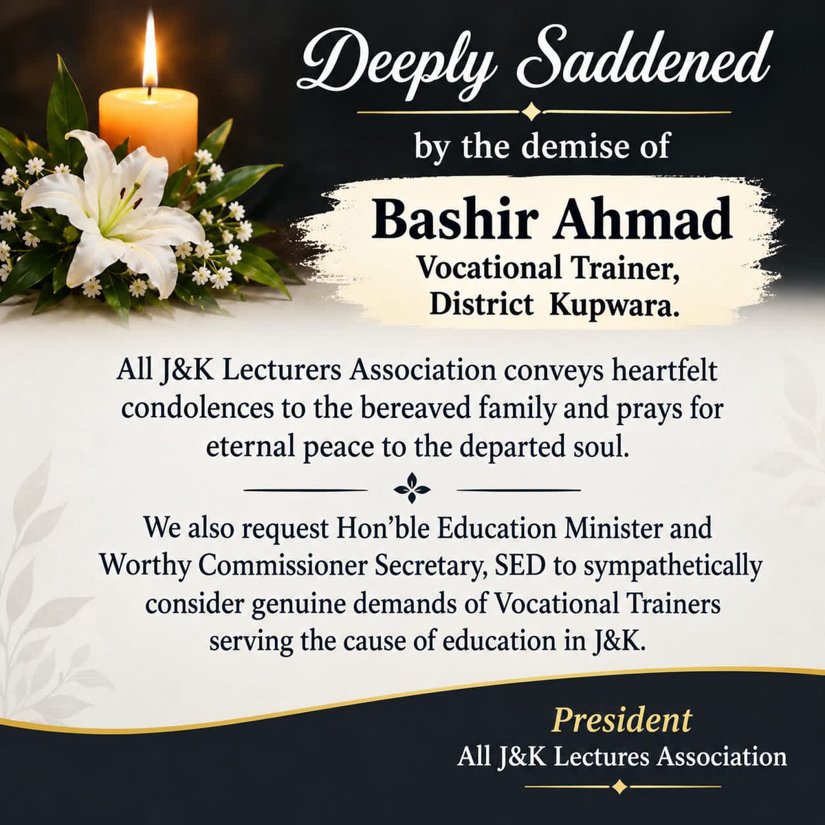 JKPSCLecturers's tweet photo. Heartfelt Condolences &amp; Appeal for redressal of VTs’ Genuine Demands.
@sakinaitoo
@SchoolEdujkut 
@DsejMedia 
@JKSamagra https://t.co/MVh6wqrIPw