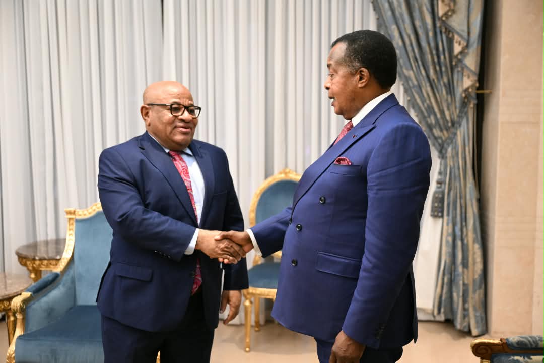 UN_UNOCA's tweet photo. In Brazzaville, @souefmo_elamine was received by H.E.M. Denis Sassou N’Guesso, President of the Republic of #Congo. The rich and constructive discussions focused on #peace and #security issues in the region, as well as on strengthening multilateralism and preventive diplomacy. The Head of @UN_UNOCA commended the President’s active commitment to peace, dialogue, and cooperation in Central Africa and across the continent, and reaffirmed UNOCA’s readiness to support regional efforts in promoting peace and security.