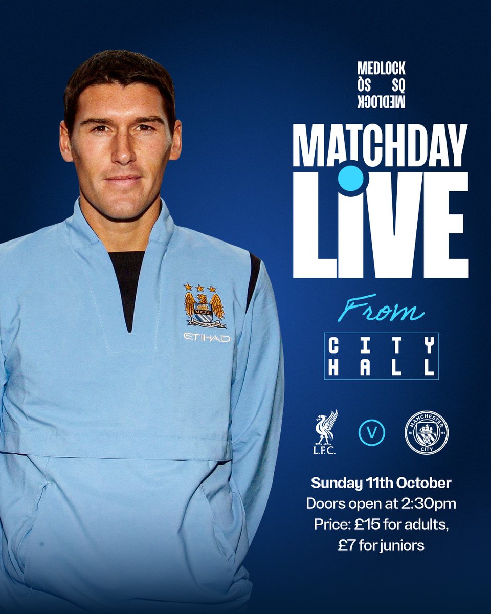 ManCity's tweet photo. Join club legend Gareth Barry for our second Matchday Live screening from City Hall! 🙌

Follow the Blues from @MedlockSQ as they head to Merseyside. Every adult ticket will receive a free pint or a substitute non-alcoholic drink. 🍻

Secure your place now 👉  https://t.co/r4SIZaUP1r