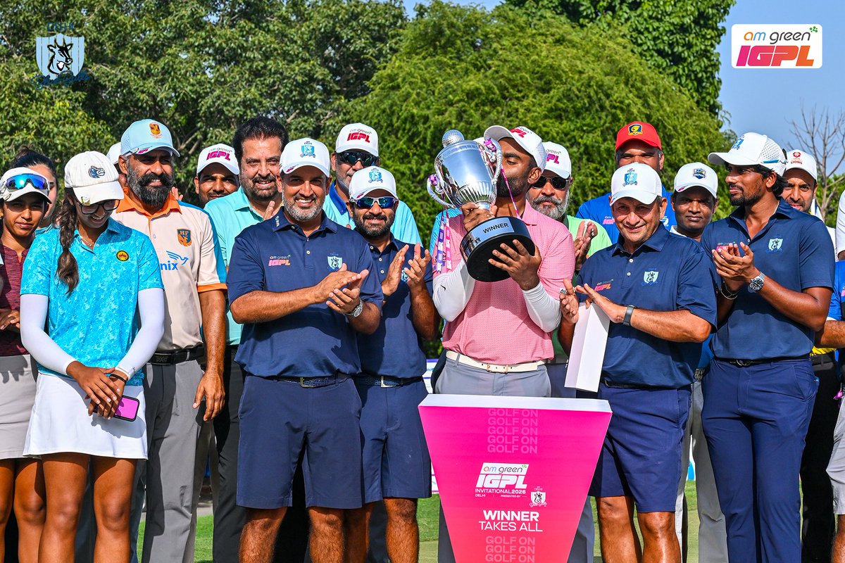 Officialigpl's tweet photo. THE NEW CHAMPION IN TOWN 🏆

From his second IGPL event to his first title.

Arjun Prasad leaves Qutab as the AM Green IGPL Invitational 2026 champion, finishing at 16-under.

A week he won’t forget.
And a name you’ll remember. 👑

#AMGreenIGPL #GolfOn #GolfForAll https://t.co/K9PdvXHh1N