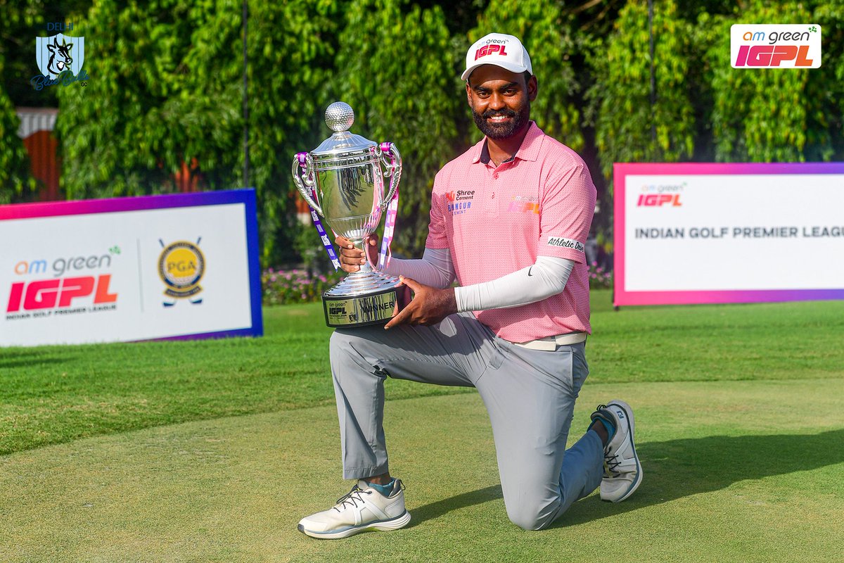 Officialigpl's tweet photo. THE NEW CHAMPION IN TOWN 🏆

From his second IGPL event to his first title.

Arjun Prasad leaves Qutab as the AM Green IGPL Invitational 2026 champion, finishing at 16-under.

A week he won’t forget.
And a name you’ll remember. 👑

#AMGreenIGPL #GolfOn #GolfForAll https://t.co/K9PdvXHh1N